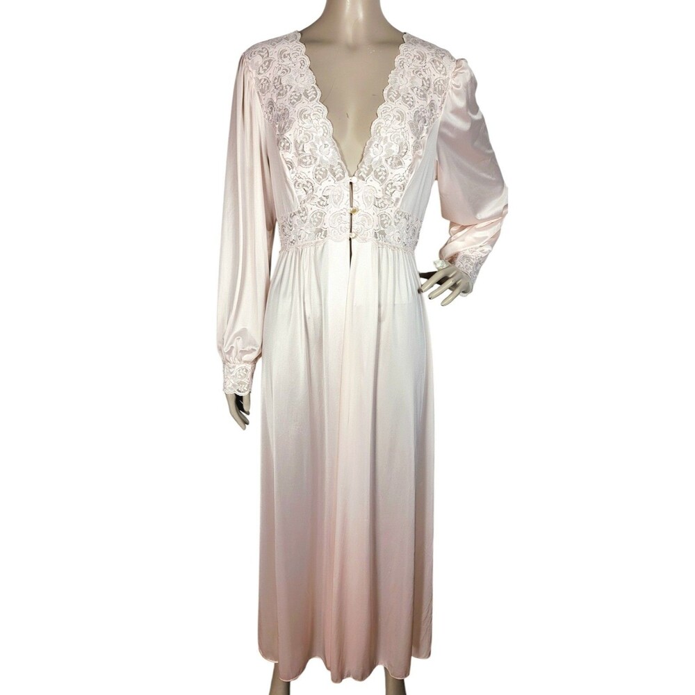 Vintage 70s Shadowline Blush Lace Trim Peignoir Lingerie Nightgown Robe S/M/L